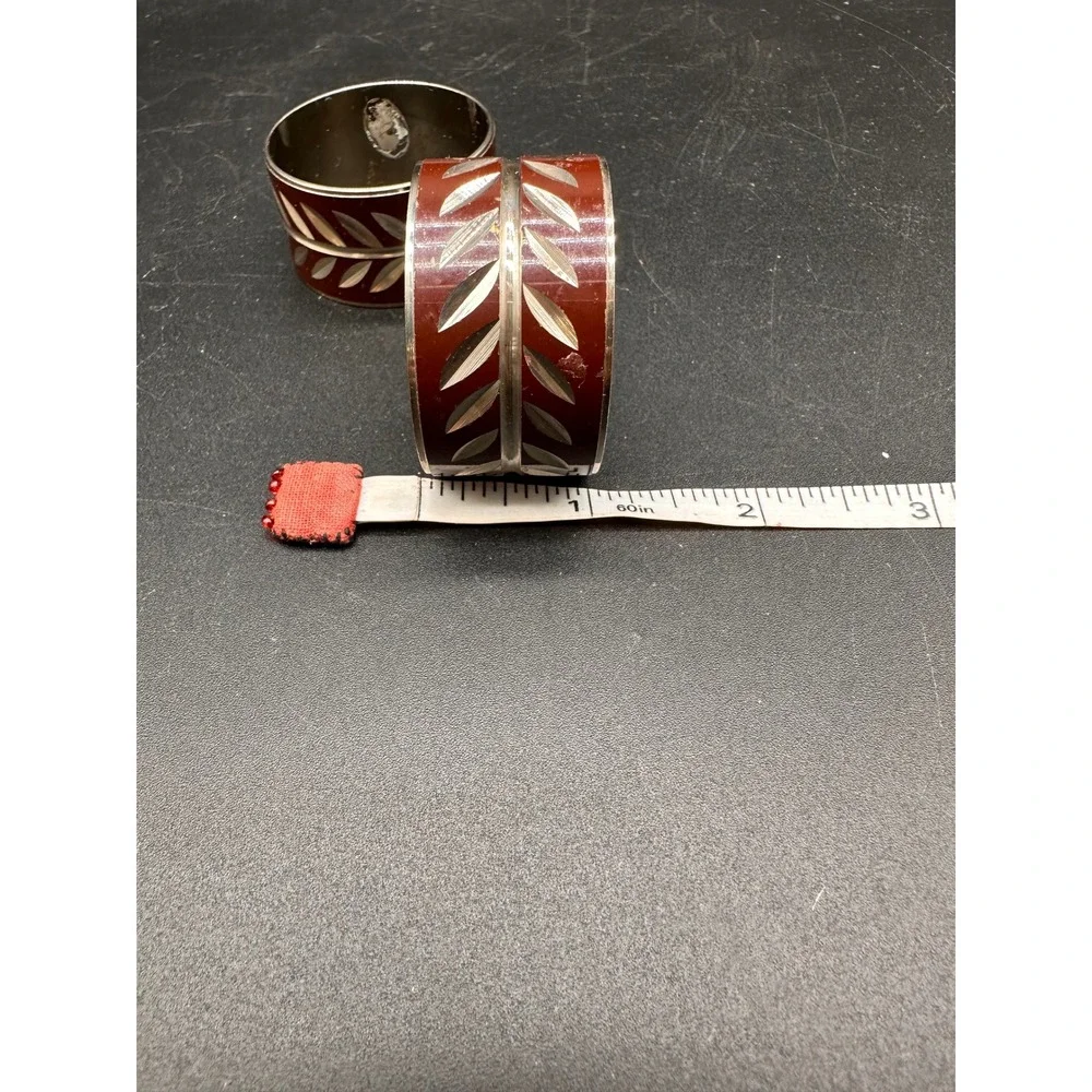 Vintage Enamel Napkin Rings Pair Chocolate Brown Leaf Silver Tone Table Decor